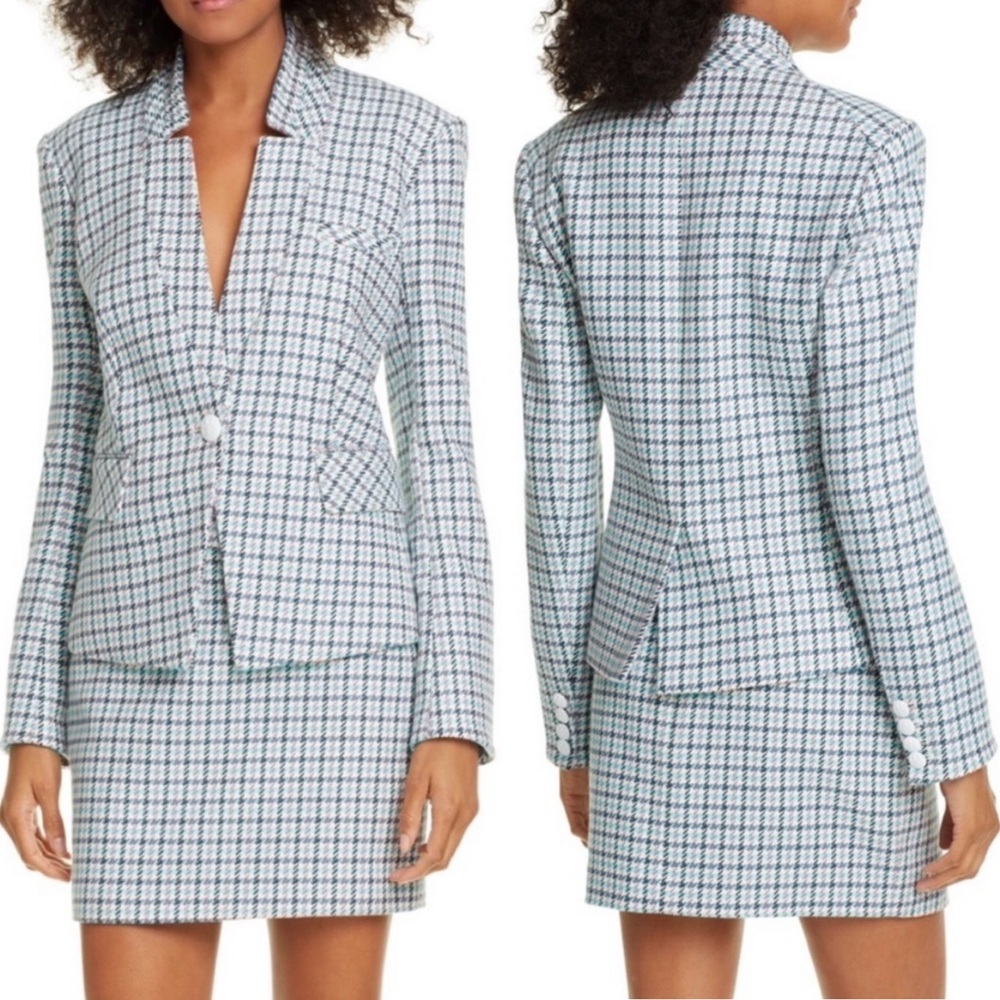 Veronica Beard Farley Dickey Blazer Jacket In Turquoise Multi Houndstooth